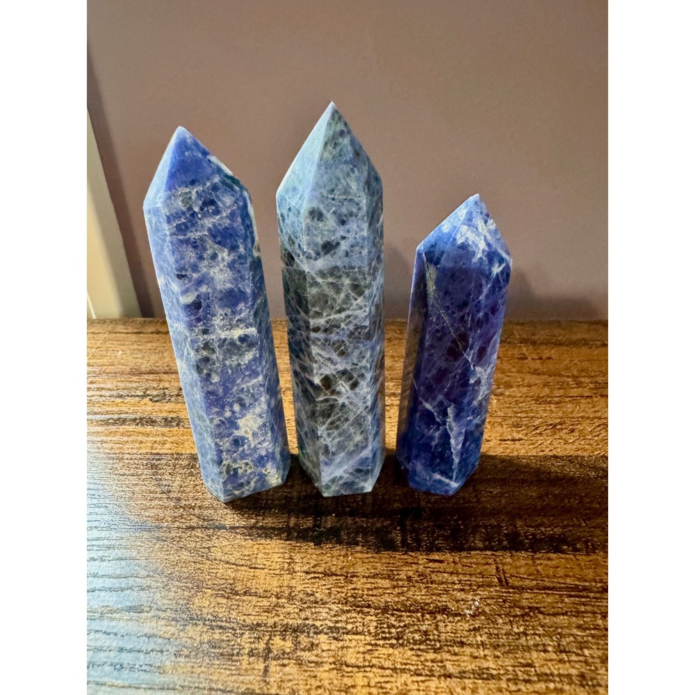 Natural Sodalite Crystal Tower Point Blue Gemstone Obelisk Set of 3